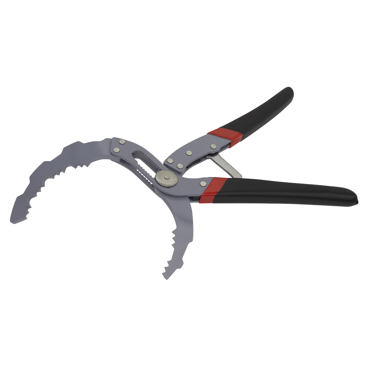 The Sealey Oil Filter Pliers Self-Adjusting - Angled - AK6421, featuring steel construction with an angled head and red-accented handles, is displayed on a white background.