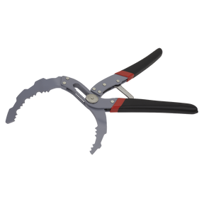 The Sealey Oil Filter Pliers Self-Adjusting - Angled - AK6421, featuring steel construction with an angled head and red-accented handles, is displayed on a white background.