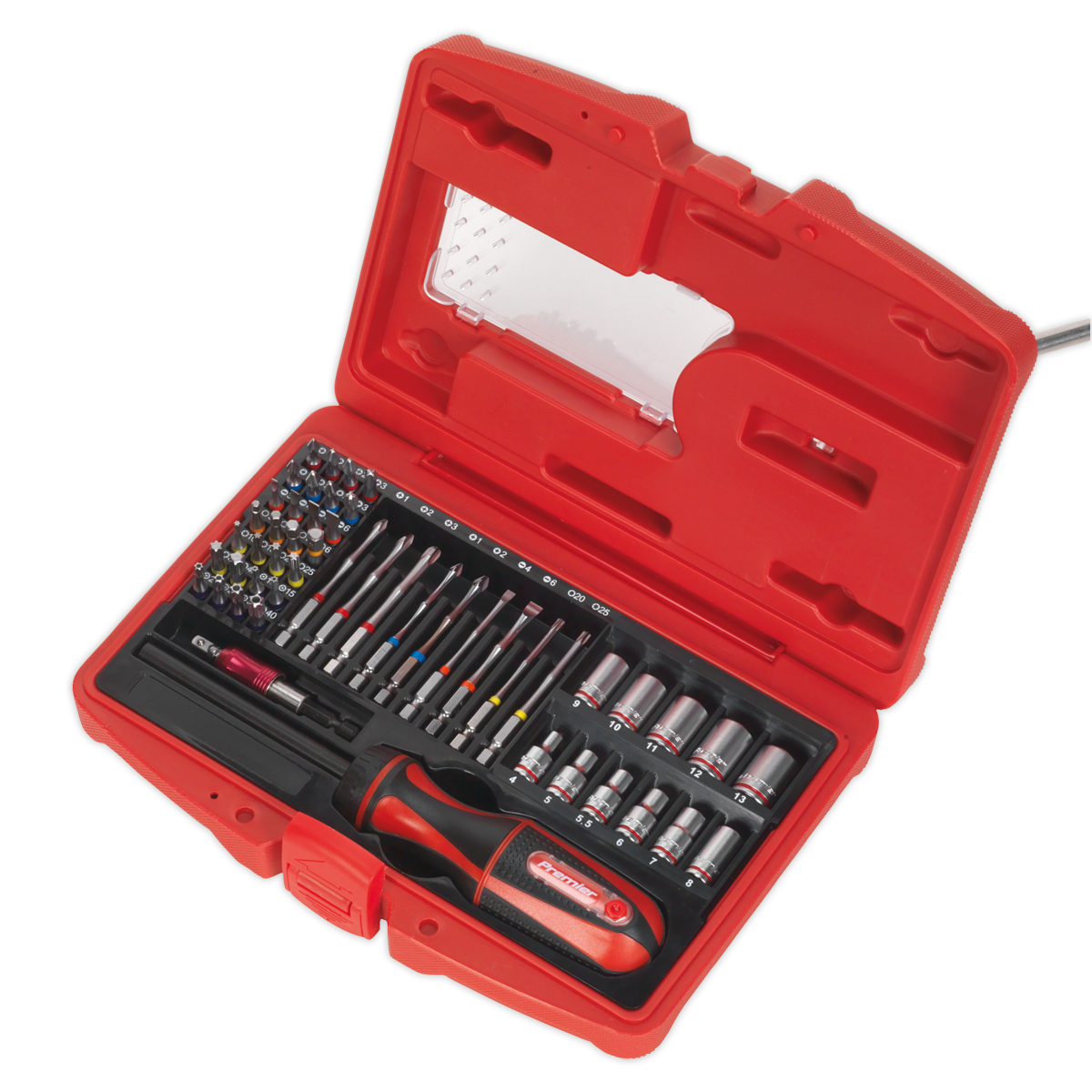 A Sealey Fine Tooth Ratchet Screwdriver & Accessory Set 51pc - AK64903 in a red tool case is open to display impact grade torsion bits, a high-quality ratchet screwdriver, and various socket heads neatly organized in individual slots.