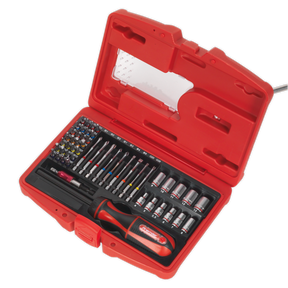 A Sealey Fine Tooth Ratchet Screwdriver & Accessory Set 51pc - AK64903 in a red tool case is open to display impact grade torsion bits, a high-quality ratchet screwdriver, and various socket heads neatly organized in individual slots.