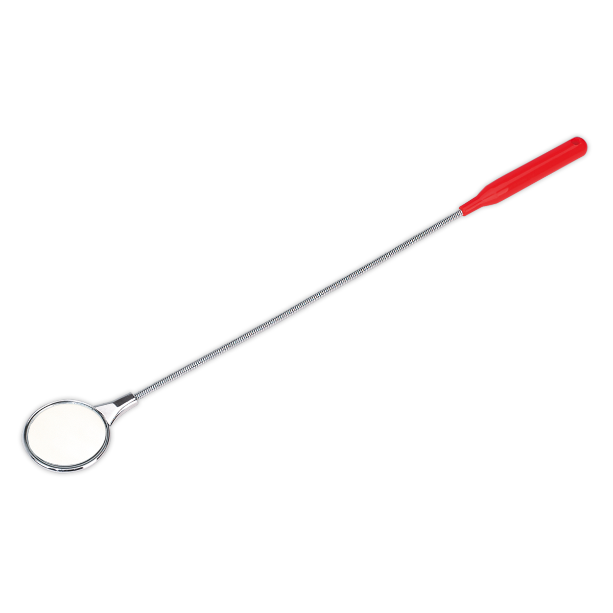 Introducing the Sealey Flexible Shaft Inspection Mirror Ø60mm (AK6503), a premier hand tool with a sturdy metal construction and an ergonomic red handle. This long dental mirror features a flexible shaft for enhanced maneuverability and is backed by a lifetime guarantee.