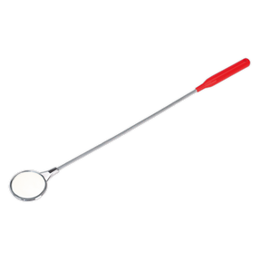 Introducing the Sealey Flexible Shaft Inspection Mirror Ø60mm (AK6503), a premier hand tool with a sturdy metal construction and an ergonomic red handle. This long dental mirror features a flexible shaft for enhanced maneuverability and is backed by a lifetime guarantee.