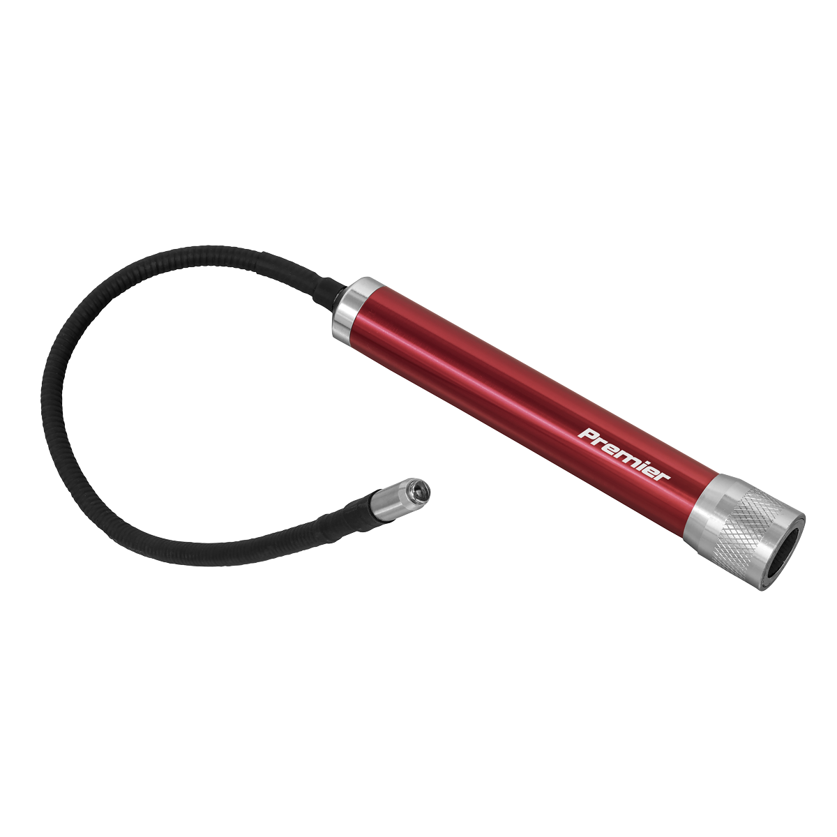 A red and silver Flexible LED Inspection Torch - AK6505 from Sealey, featuring a flexible neck, high-power LED bulb, and a magnetic base for hands-free operation.