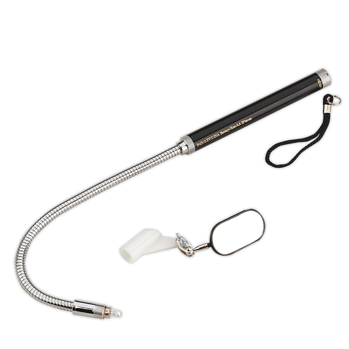 The Sealey Flexible Inspection Mirror with Light - AK650 features a black handle, flexible metal shaft, adjustable mirror head, and an illuminated tip for enhanced visibility. Additionally, a black wrist strap is attached to the handle.