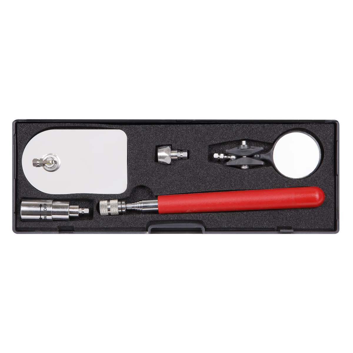 The Sealey Telescopic Magnetic Pick-Up & Inspection Tool Kit 5pc - AK6521 is a black foam-lined case containing a set of professional hand tools, including a red-handled instrument, mirrors, various attachments, and a quick release adaptor.