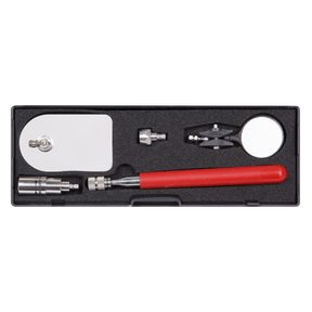 The Sealey Telescopic Magnetic Pick-Up & Inspection Tool Kit 5pc - AK6521 is a black foam-lined case containing a set of professional hand tools, including a red-handled instrument, mirrors, various attachments, and a quick release adaptor.