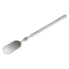 The Sealey Telescopic Articulated Mirror 50 x 25mm - AK6525 features an angled rectangular reflective surface and a long metal handle, making it ideal for professional use.