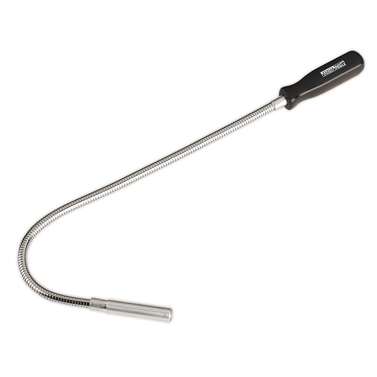 Introducing the Sealey Flexible Magnetic Pick-Up Tool 1.5kg Capacity - AK6531: a versatile tool featuring a black handle and metallic body, designed for accessing tight spaces with its flexible chromed shaft and adeptly maneuvering around obstacles. It offers a pick-up capacity of 1.5kg to enhance efficiency in your tasks.