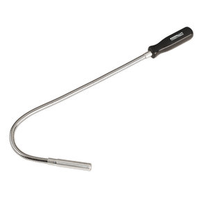 Introducing the Sealey Flexible Magnetic Pick-Up Tool 1.5kg Capacity - AK6531: a versatile tool featuring a black handle and metallic body, designed for accessing tight spaces with its flexible chromed shaft and adeptly maneuvering around obstacles. It offers a pick-up capacity of 1.5kg to enhance efficiency in your tasks.