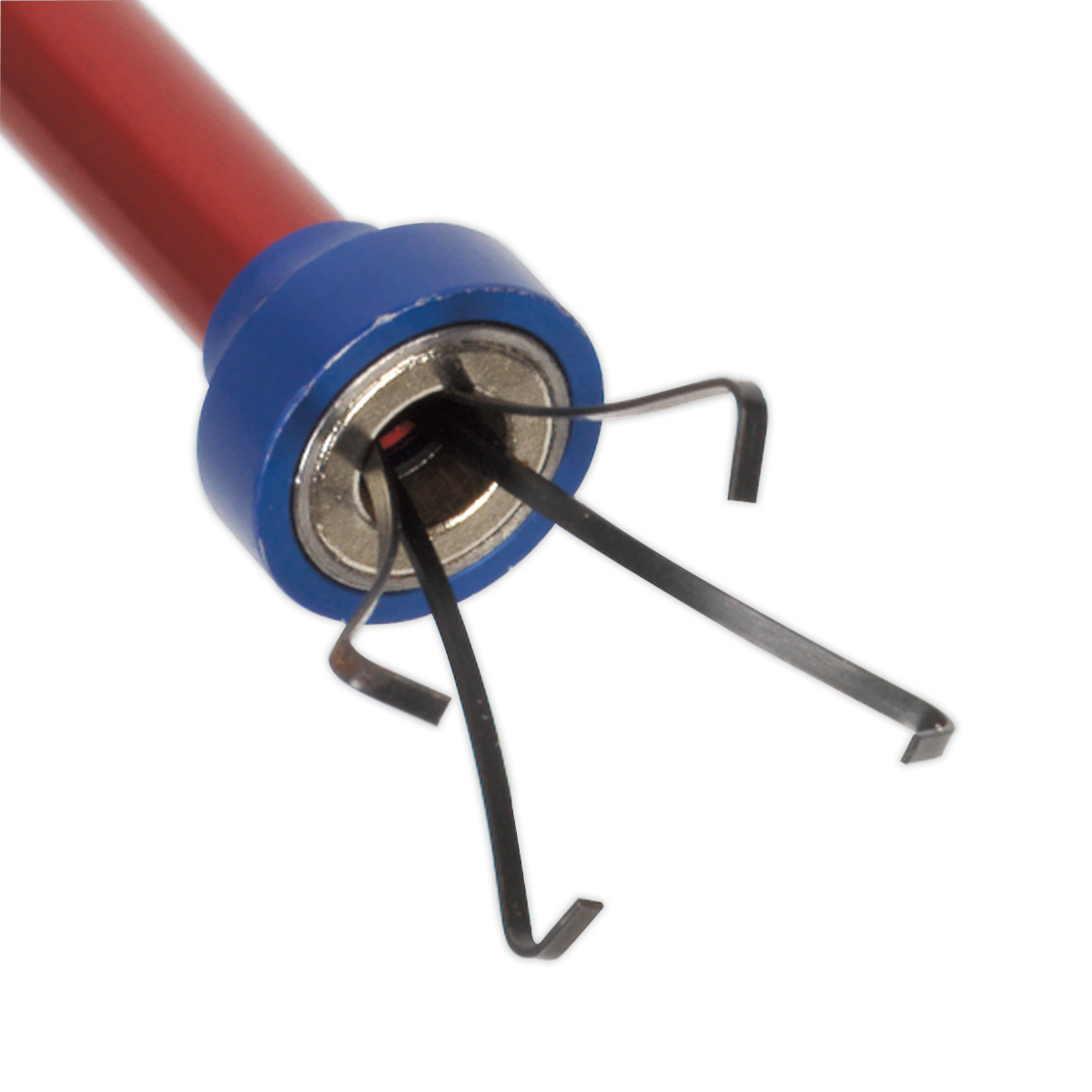 Close-up view of a Sealey Flexible Magnetic Pick-Up & Claw Tool 700mm - AK6536 featuring four flexible metal prongs extending from a blue and red handle, ideal for use in confined areas.