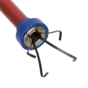 Close-up view of a Sealey Flexible Magnetic Pick-Up & Claw Tool 700mm - AK6536 featuring four flexible metal prongs extending from a blue and red handle, ideal for use in confined areas.