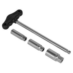 Introducing the Sealey T-Bar & Rubber Insert Spark Plug Socket Set (AK6550) featuring a T-handle socket wrench and three Chrome Vanadium spark plug sockets in varying sizes, all backed by a lifetime guarantee.