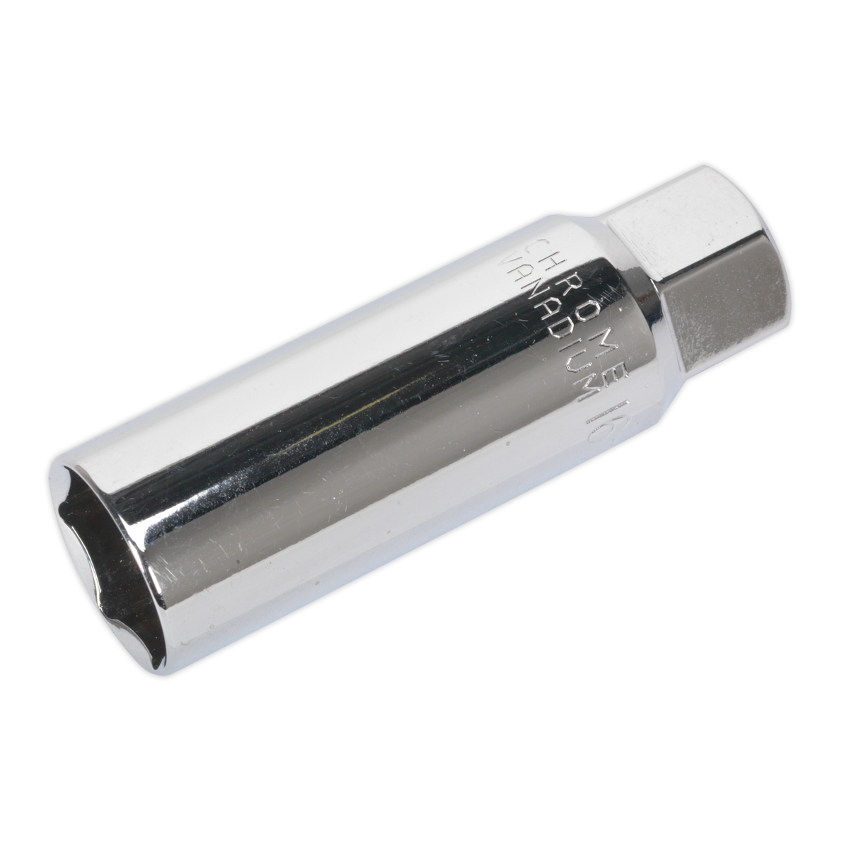 The Sealey Spark Plug Socket 16mm 3/8"Sq Drive Thin Wall - AK6557 is a chrome vanadium tool featuring a hexagonal drive end and a cylindrical body, ideal for removing and installing spark plugs, specifically designed to fit the common 16mm socket size found in Japanese vehicles.