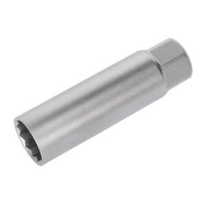 A 12-point, silver Spark Plug Socket (14mm) with a 3/8" square drive and a rubber insert for added grip from Sealey, model AK6558.