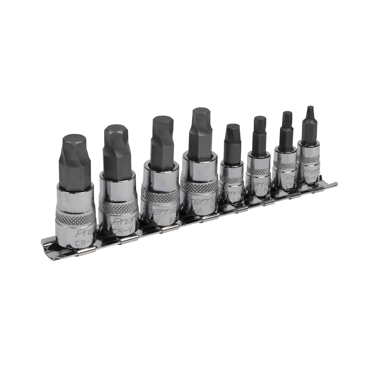 The Sealey Hex Socket Bit Set Lock-On™ 8pc 1/4" & 3/8"Sq Drive Metric - AK65600 features a collection of eight hex bit sockets, neatly arranged in a row on a metal rack. They vary in size and boast a sleek metallic finish with knurled bands near the base for enhanced grip. Made from durable Chrome Vanadium steel, these professional-grade hand tools guarantee precision and longevity for all your projects.