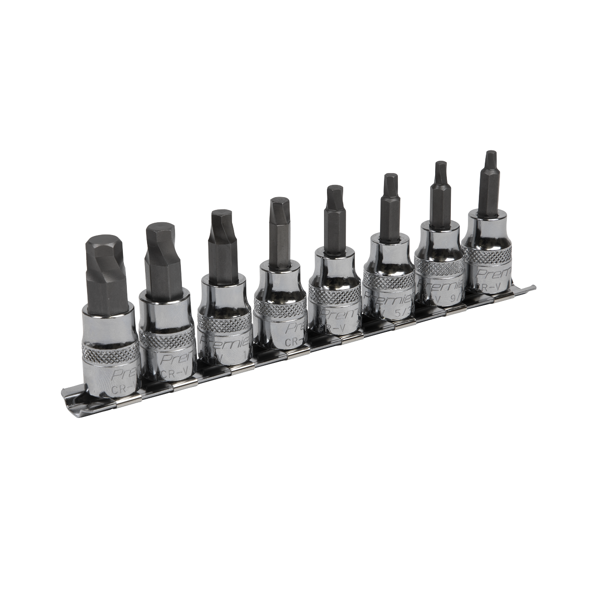 The Sealey Hex Socket Bit Set Lock-On™ 8pc 3/8"Sq Drive - Imperial - AK65603 features eight Chrome Vanadium steel sockets arranged in a metal holder. The silver sockets come with black hex bits of varying sizes, ideal for tackling rusted hex head fasteners with the reliability and durability expected from Premier Hand Tools.