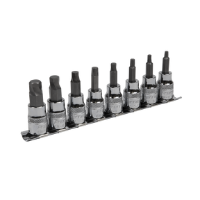 The Sealey Hex Socket Bit Set Lock-On™ 8pc 3/8"Sq Drive - Imperial - AK65603 features eight Chrome Vanadium steel sockets arranged in a metal holder. The silver sockets come with black hex bits of varying sizes, ideal for tackling rusted hex head fasteners with the reliability and durability expected from Premier Hand Tools.