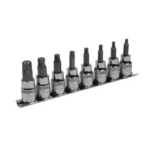 The Sealey Hex Socket Bit Set Lock-On™ 8pc 3/8"Sq Drive - Imperial - AK65603 features eight Chrome Vanadium steel sockets arranged in a metal holder. The silver sockets come with black hex bits of varying sizes, ideal for tackling rusted hex head fasteners with the reliability and durability expected from Premier Hand Tools.