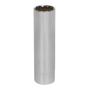 The Sealey Spark Plug Socket with Magnetic Retainer 14mm 3/8"Sq Drive 12-Point - AK6568 is a chrome tool featuring a cylindrical shape and a magnetic insert for secure grip, making it ideal for turning nuts and bolts.