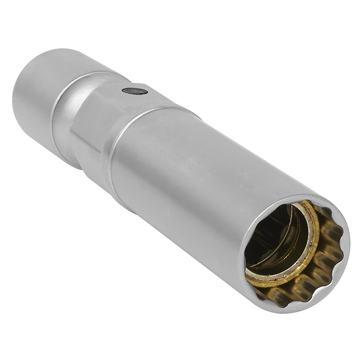 A Sealey Spark Plug Socket with Universal Joint 14mm 3/8" Sq Drive 12-Point (AK6569), crafted from durable CHROME VANADIUM ALLOY, features a hollow, ridged interior and a button-like mechanism on the side.