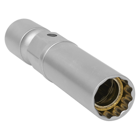 A Sealey Spark Plug Socket with Universal Joint 14mm 3/8" Sq Drive 12-Point (AK6569), crafted from durable CHROME VANADIUM ALLOY, features a hollow, ridged interior and a button-like mechanism on the side.