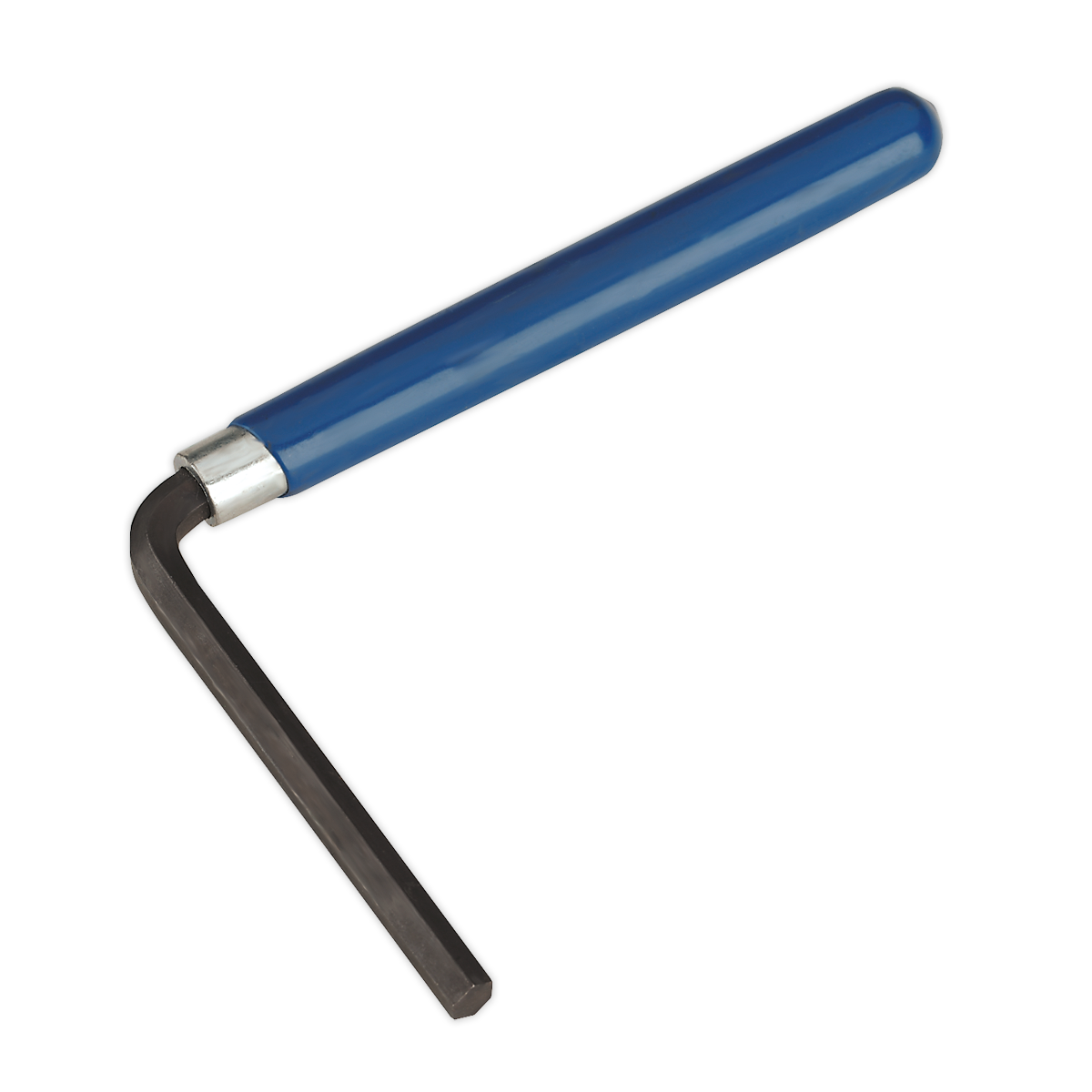 The Sealey Hex Wrench 7mm Angled Head Long Reach - AK6572, featuring a blue handle and an L-shaped design, is made from Chrome Vanadium and is perfect for turning bolts and screws with hexagonal sockets.