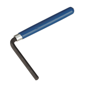 The Sealey Hex Wrench 7mm Angled Head Long Reach - AK6572, featuring a blue handle and an L-shaped design, is made from Chrome Vanadium and is perfect for turning bolts and screws with hexagonal sockets.