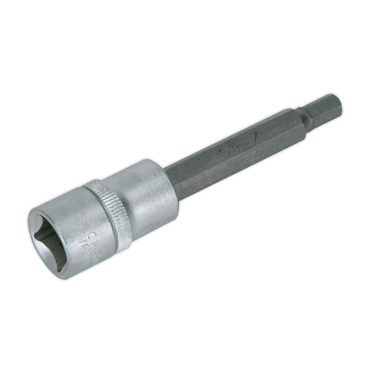 Introducing the Sealey Hex Socket Bit 7mm Long 1/2"Sq Drive - AK657, a premium tool that boasts a precisely crafted 7mm hexagonal tip and a robust cylindrical base, engineered with an S2 Steel hex shaft. It's the perfect choice for securing brake caliper fasteners.