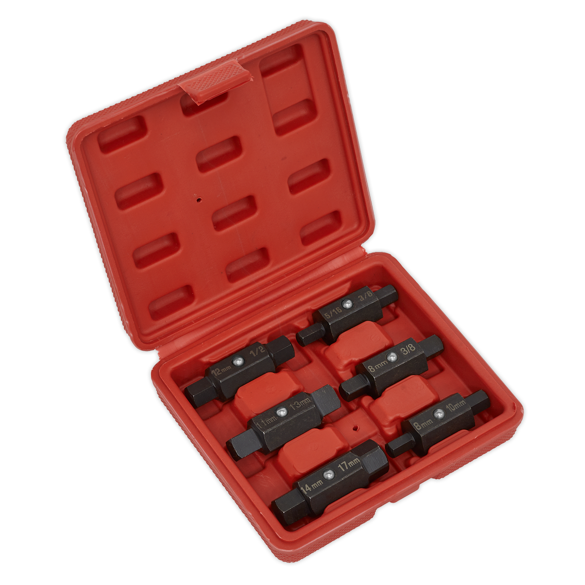 A Sealey Oil Drain Plug Key Set 6pc Double End - AK658, featuring six metal double end carbon steel hex keys designed for sump plugs, with size markings on each. The hex keys are neatly arranged in slots within a red plastic storage case that lies open, showcasing the organized contents.