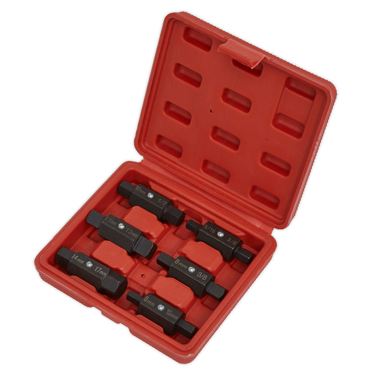 The Sealey Oil Drain Plug Key Set 6pc Double End - AK658 is a red plastic storage case containing six metal hexagonal tool pieces, each labeled with measurements, perfect for working with sump plugs.