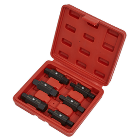 The Sealey Oil Drain Plug Key Set 6pc Double End - AK658 is a red plastic storage case containing six metal hexagonal tool pieces, each labeled with measurements, perfect for working with sump plugs.