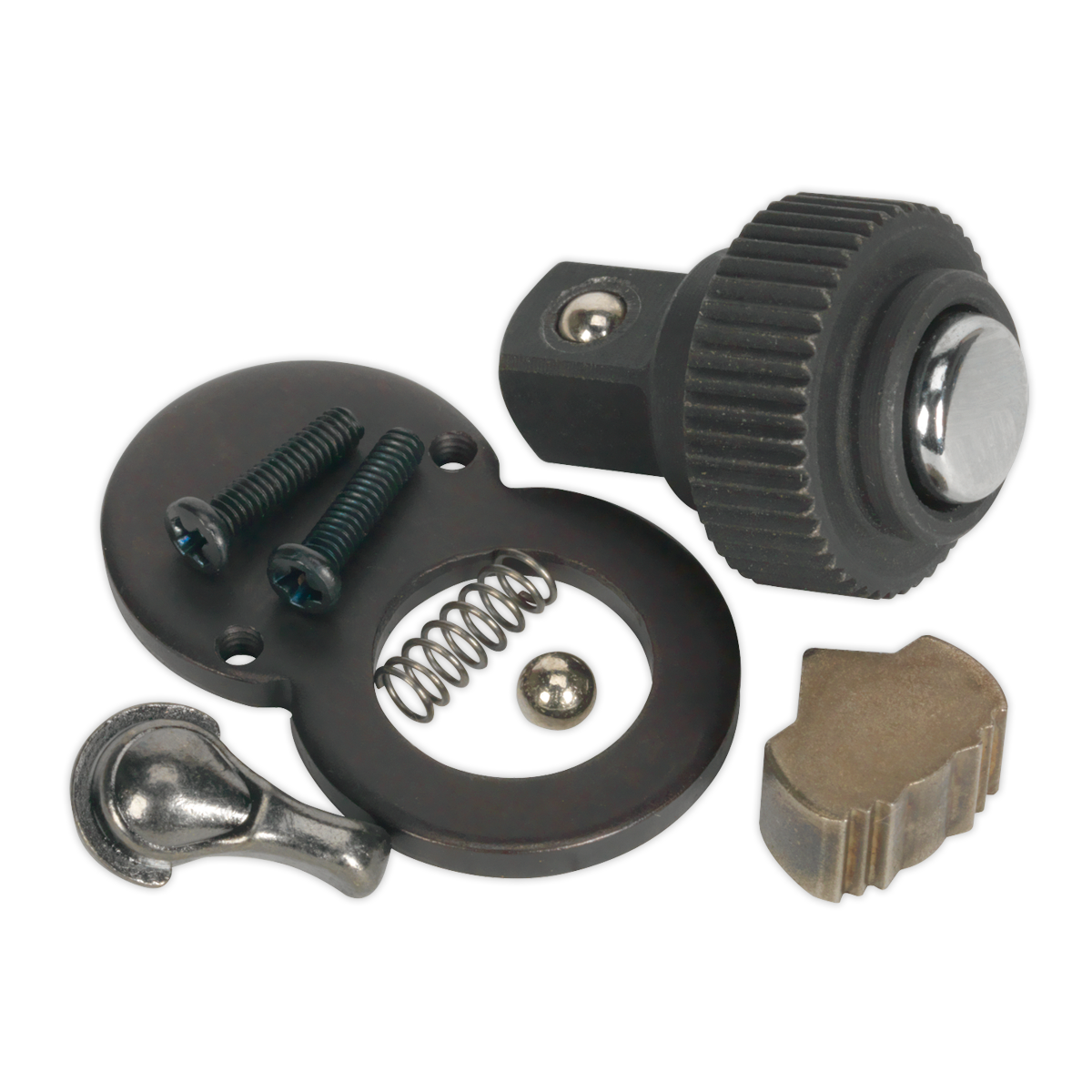 The Sealey Repair Kit for AK660 & AK8946 1/4" Sq Drive (model AK660.V2.RK) is a premier hand tools repair kit that includes disassembled parts such as screws, a spring, a knob, and various metal components laid out on a plain backdrop.