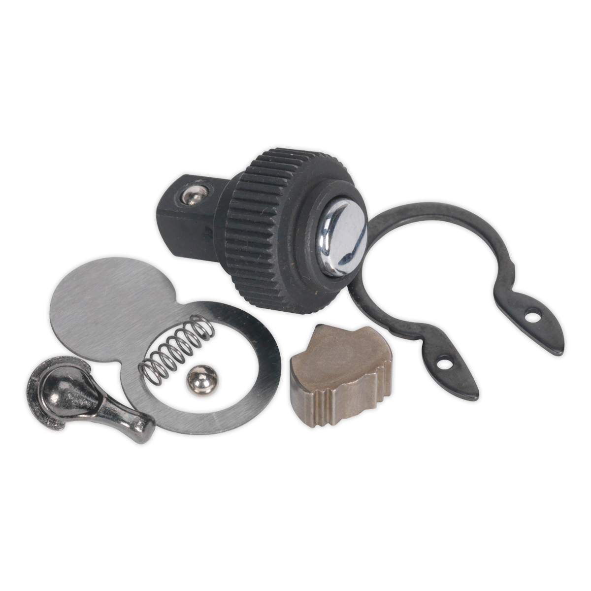 A collection of mechanical parts, including a knurled knob, a spring, a metal plate, a clamp, and various small components arranged on a white background, all part of the Sealey AK660S.RK Repair Kit for AK660S 1/4"Sq Drive.