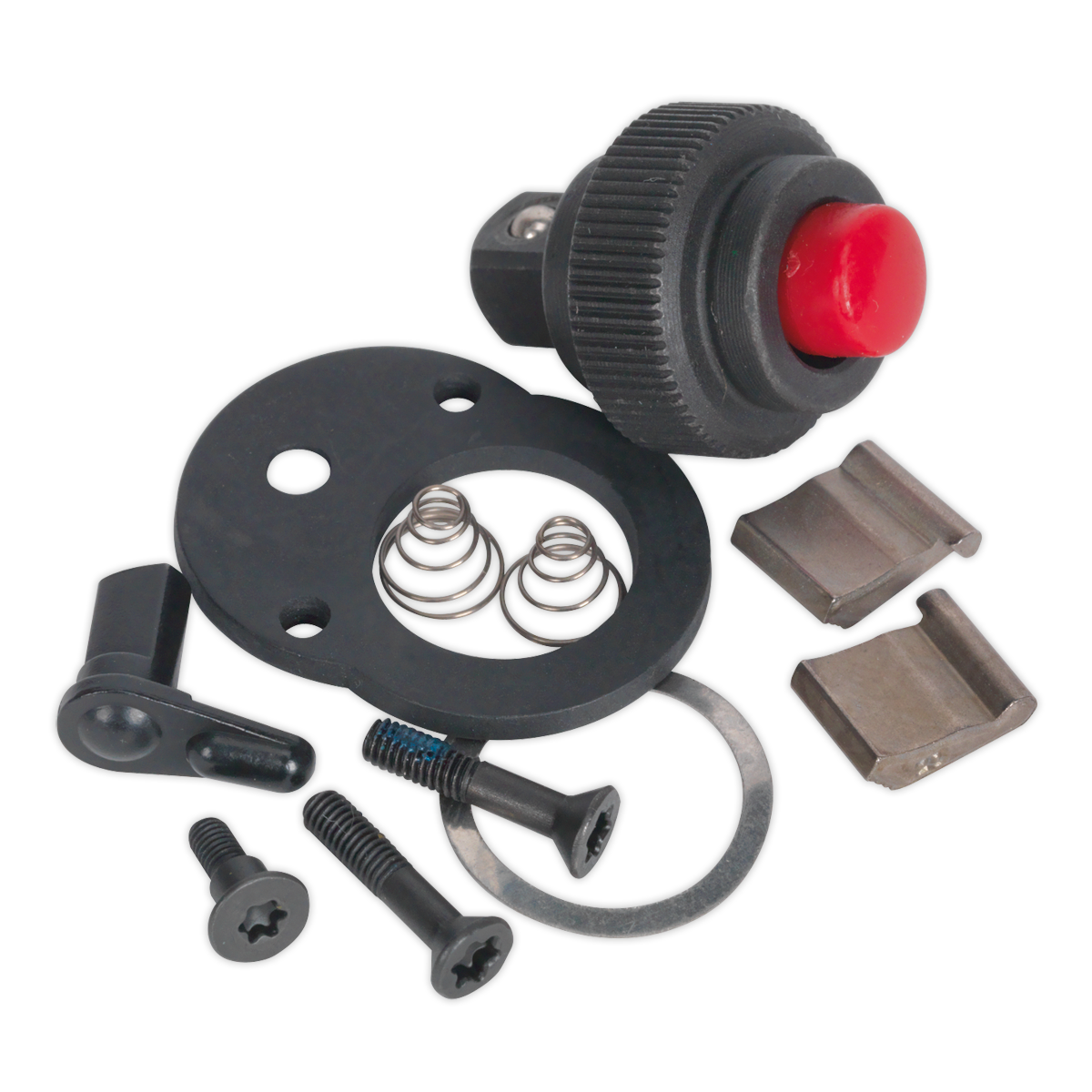 The Sealey Repair Kit for AK660SF 1/4" Sq Drive (AK660SF.RK) includes assorted hardware components such as screws, springs, a red button, and various black and silver metal and plastic parts. Also featured is a 1/4" Sq Drive Ratchet Wrench for added convenience.