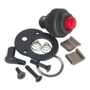 The Sealey Repair Kit for AK660SF 1/4" Sq Drive (AK660SF.RK) includes assorted hardware components such as screws, springs, a red button, and various black and silver metal and plastic parts. Also featured is a 1/4" Sq Drive Ratchet Wrench for added convenience.