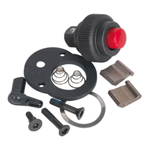 The Sealey Repair Kit for AK660SF 1/4" Sq Drive (AK660SF.RK) includes assorted hardware components such as screws, springs, a red button, and various black and silver metal and plastic parts. Also featured is a 1/4" Sq Drive Ratchet Wrench for added convenience.