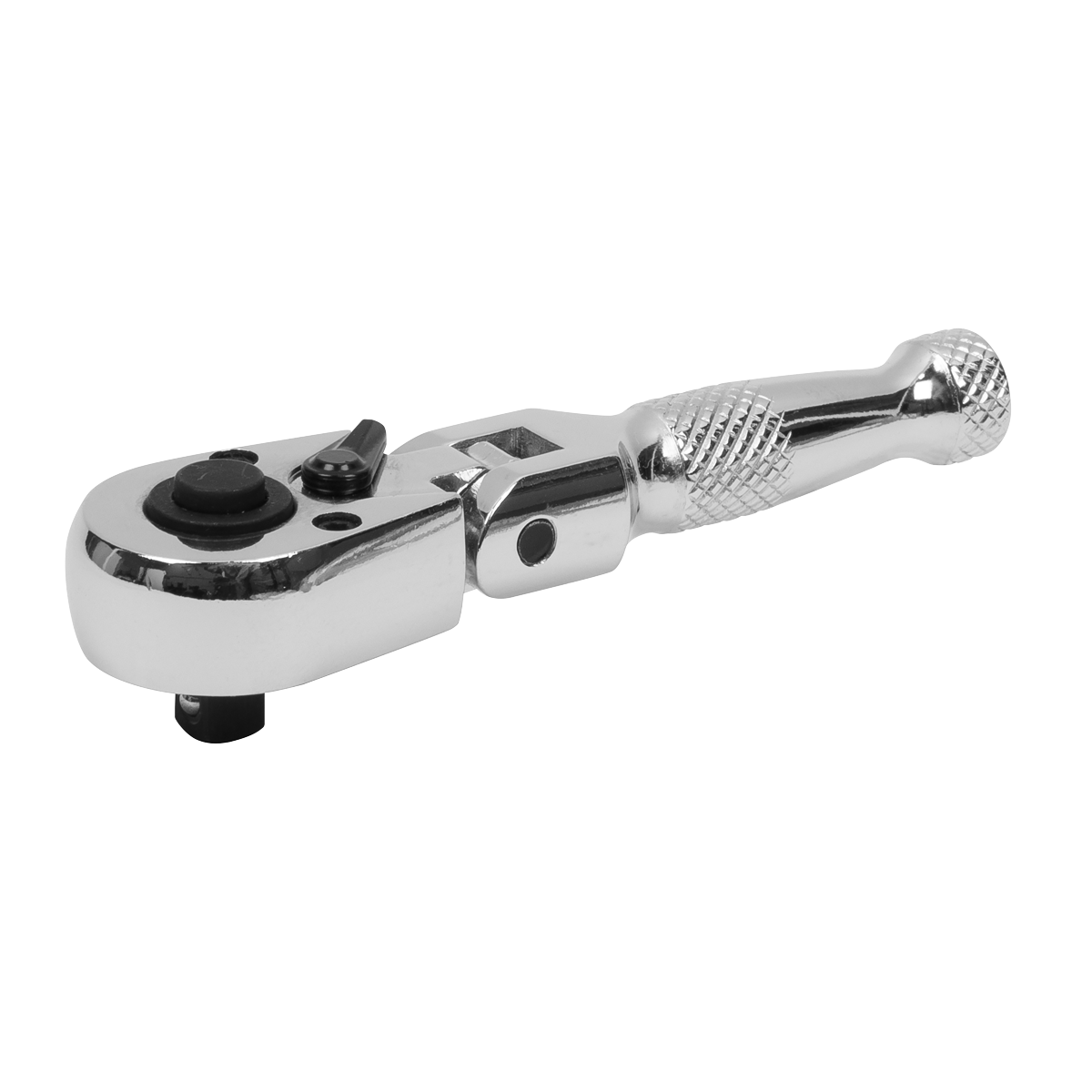 The Sealey Ratchet Wrench Flexi-Head Stubby 1/4"Sq Drive - AK660SF is a compact, silver-colored tool made from durable Chrome Vanadium Steel, featuring a knurled handle and a 72 Tooth Flexi-Head for precision and flexibility.