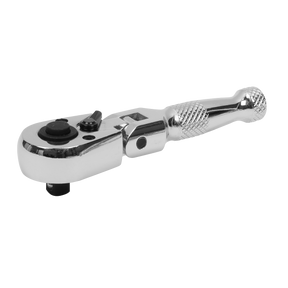 The Sealey Ratchet Wrench Flexi-Head Stubby 1/4"Sq Drive - AK660SF is a compact, silver-colored tool made from durable Chrome Vanadium Steel, featuring a knurled handle and a 72 Tooth Flexi-Head for precision and flexibility.