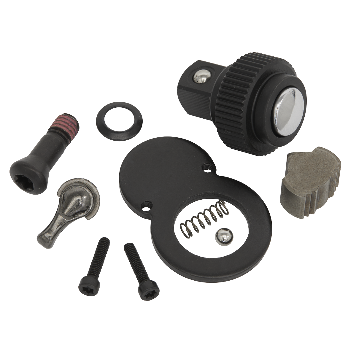 A set of mechanical components, including screws, a washer, a spring, and a black dial knob arranged on a white background, showcases the precision fit for professional use with Premier Hand Tools like the Sealey AK661F.RK Repair Kit for AK661F 3/8"Sq Drive.