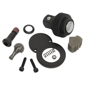 A set of mechanical components, including screws, a washer, a spring, and a black dial knob arranged on a white background, showcases the precision fit for professional use with Premier Hand Tools like the Sealey AK661F.RK Repair Kit for AK661F 3/8"Sq Drive.