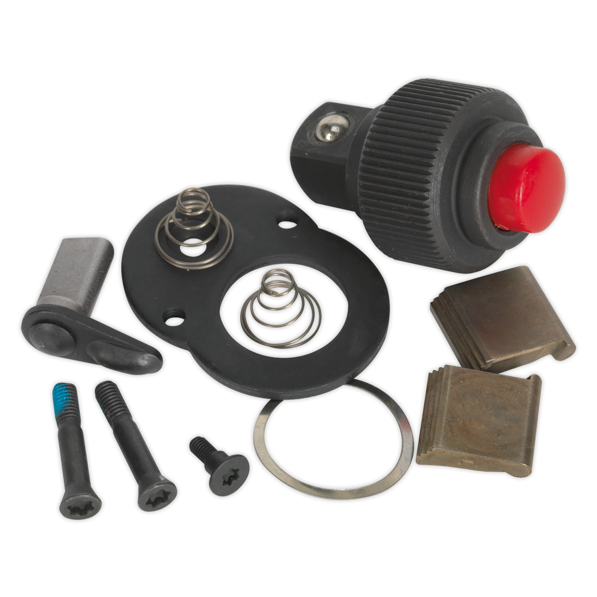 The "Repair Kit for AK661SF 3/8" Sq Drive - AK661SF.RK" by Sealey showcases an array of meticulously arranged mechanical components on a white background, including screws, springs, a red button switch, and various other small metal and plastic parts.