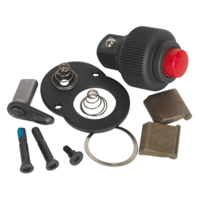 The "Repair Kit for AK661SF 3/8" Sq Drive - AK661SF.RK" by Sealey showcases an array of meticulously arranged mechanical components on a white background, including screws, springs, a red button switch, and various other small metal and plastic parts.