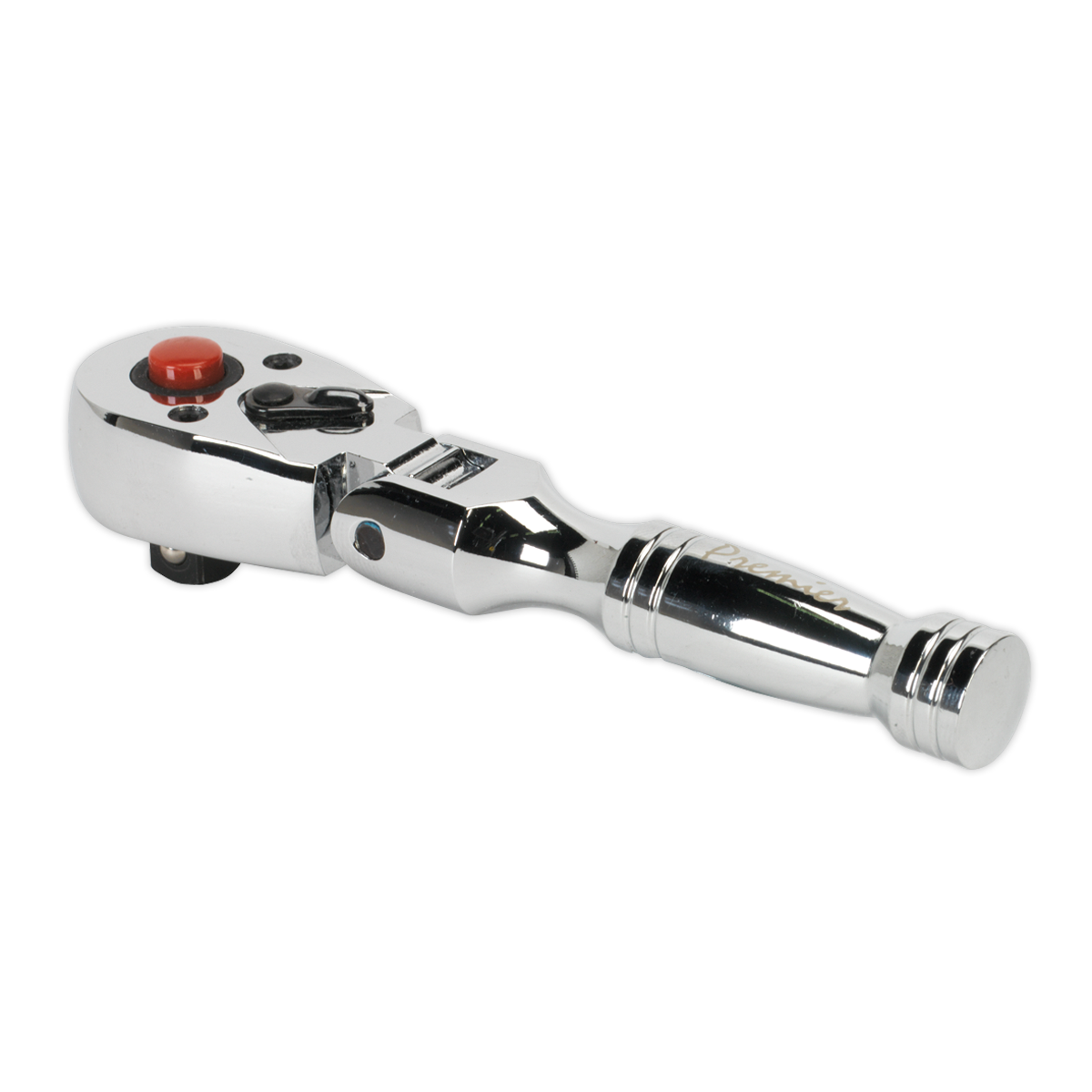 Sealey introduces the Ratchet Wrench Flexi-Head Stubby 3/8"Sq Drive - AK661SF, a chrome-finished tool crafted from durable Chrome Vanadium steel, featuring a black lever and a red button on the head, designed for turning fasteners.