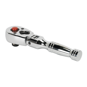 Sealey introduces the Ratchet Wrench Flexi-Head Stubby 3/8"Sq Drive - AK661SF, a chrome-finished tool crafted from durable Chrome Vanadium steel, featuring a black lever and a red button on the head, designed for turning fasteners.