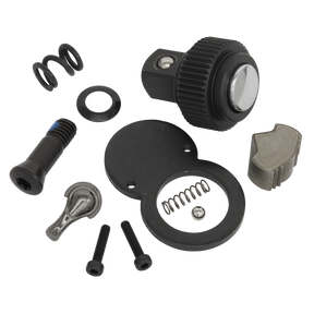 A collection of various small mechanical parts, including screws, springs, and metal components from the Sealey Repair Kit for AK662F 1/2"Sq Drive - AK662F.RK, arranged on a white background.