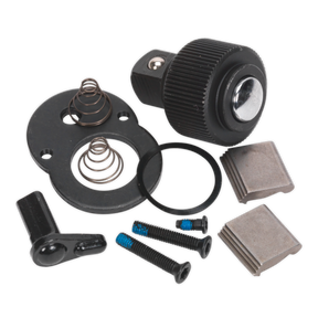 Assortment of automotive parts including a cigarette lighter receptacle, screws, springs, and metal plates, arranged on a white background as part of our Sealey Repair Kit for AK6672.01 1/4"Sq Drive - AK667214.RK.