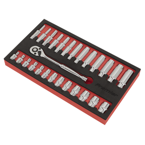 The Sealey Ratchet Wrench & Socket Set 27pc 1/4"Sq Drive - AK66721 features a professional-grade 72-tooth ratchet wrench and durable Chrome Vanadium sockets, all neatly arranged in a foam organizer inside a sleek red and black casing.