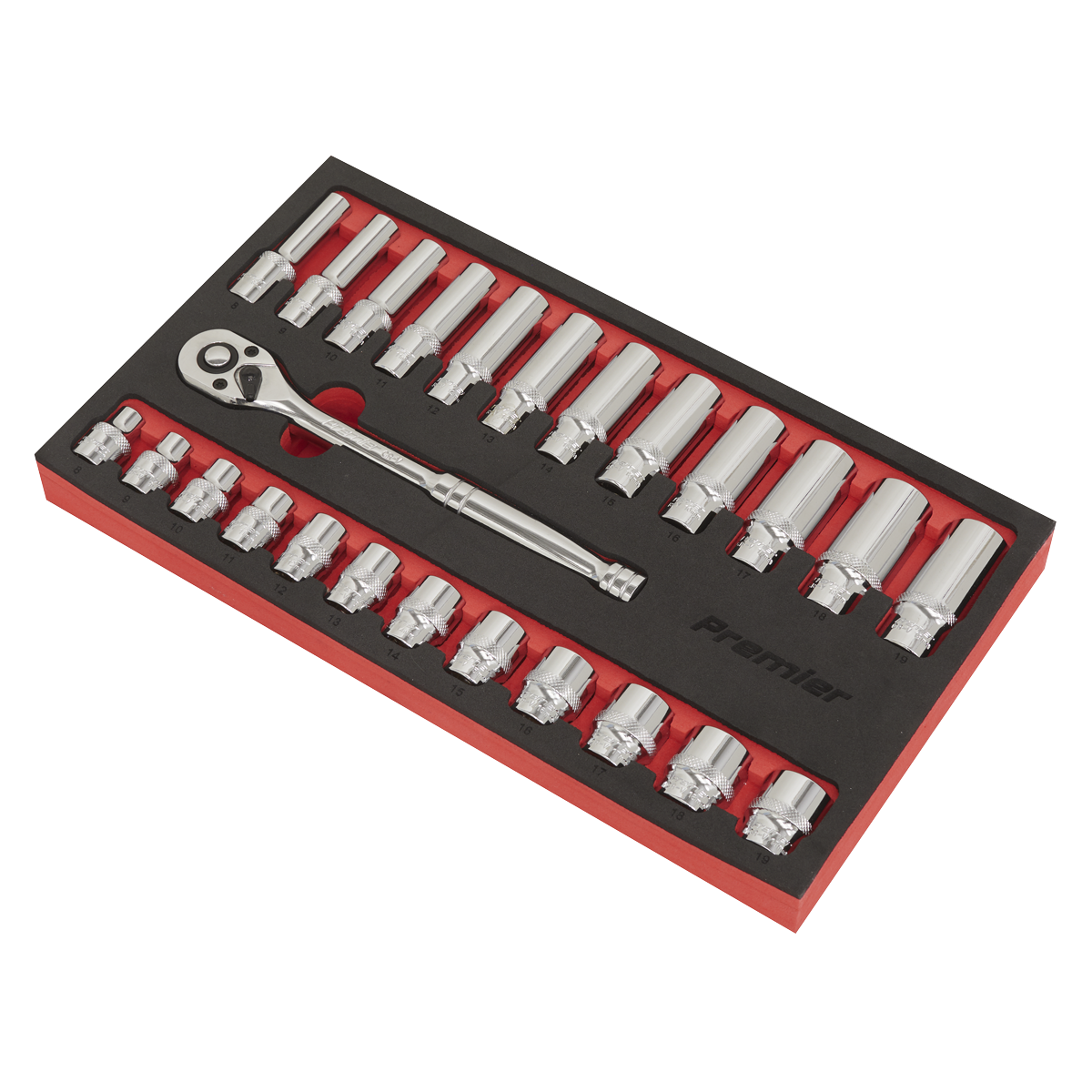 The Sealey Ratchet Wrench & Socket Set 25pc 3/8"Sq Drive - AK66722 comes with a stylish red and black tray and includes multiple interchangeable sockets, featuring a precision 72-tooth ratchet wrench for smooth handling.