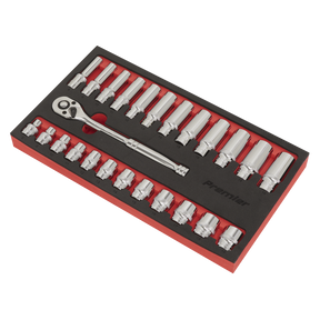 The Sealey Ratchet Wrench & Socket Set 25pc 3/8"Sq Drive - AK66722 comes with a stylish red and black tray and includes multiple interchangeable sockets, featuring a precision 72-tooth ratchet wrench for smooth handling.