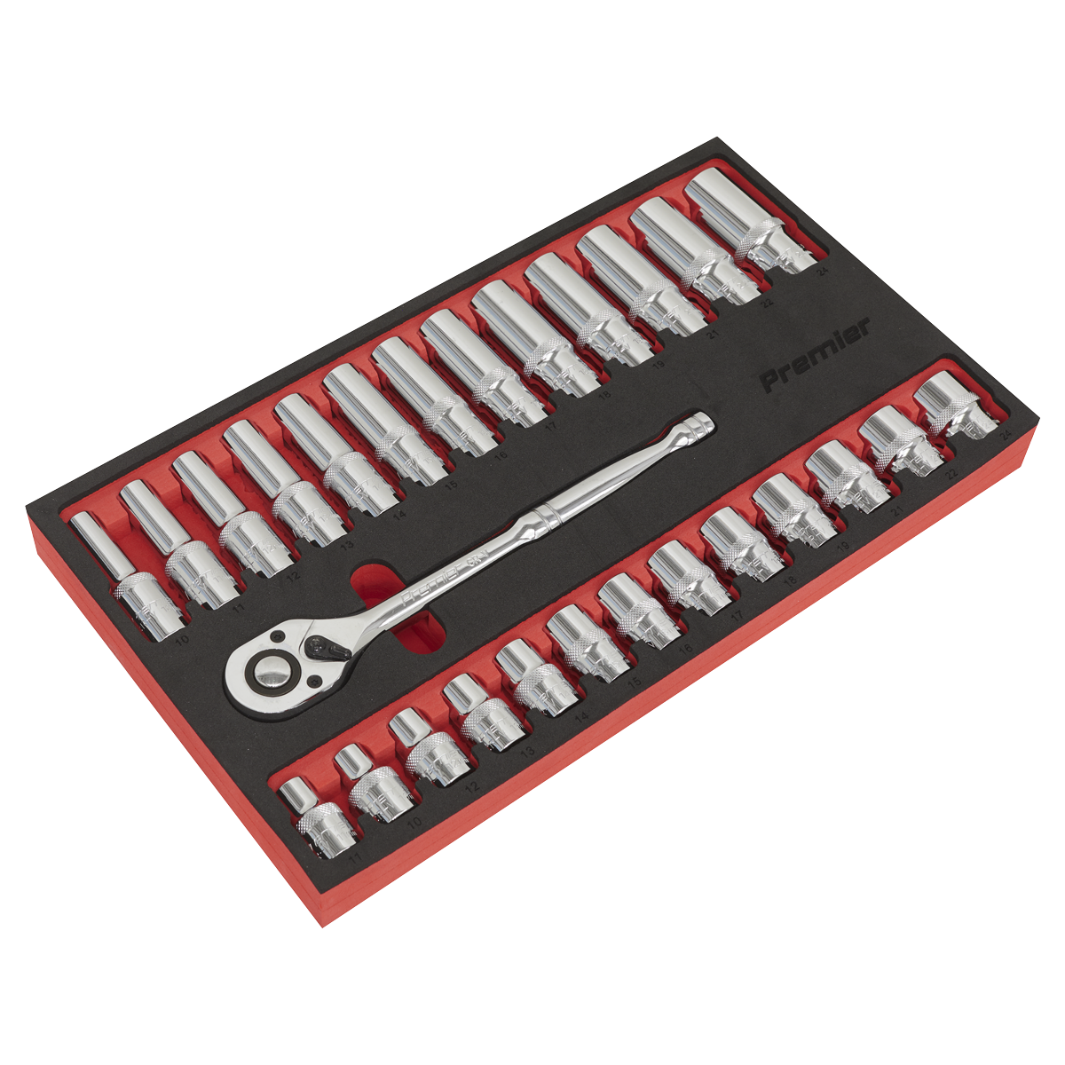 The Sealey Ratchet Wrench & Socket Set 27pc 1/2"Sq Drive - AK66723, arranged in a red and black foam tray, features various sizes of sockets with a centrally located 72-tooth ratchet wrench handle.